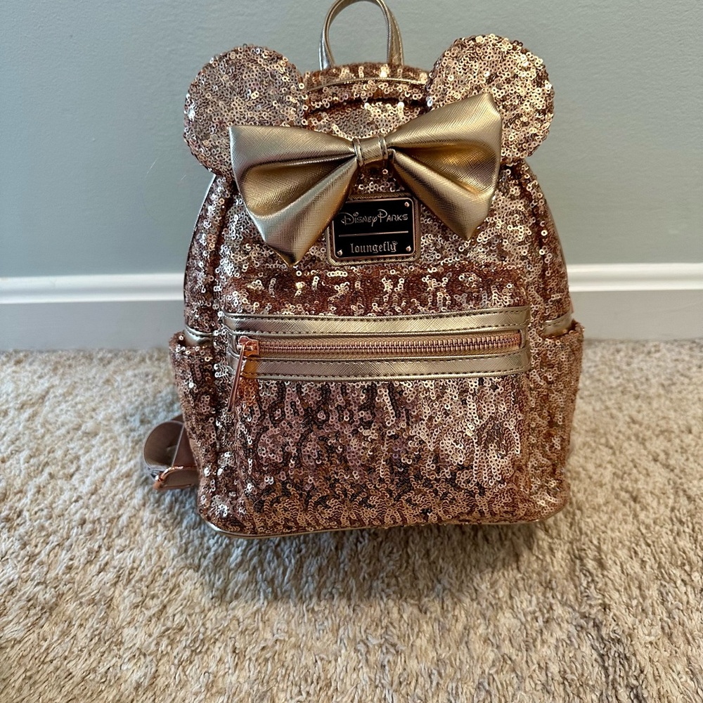 (Loungefly) Disney Parks Rose Gold Sequin Minnie Backpack
